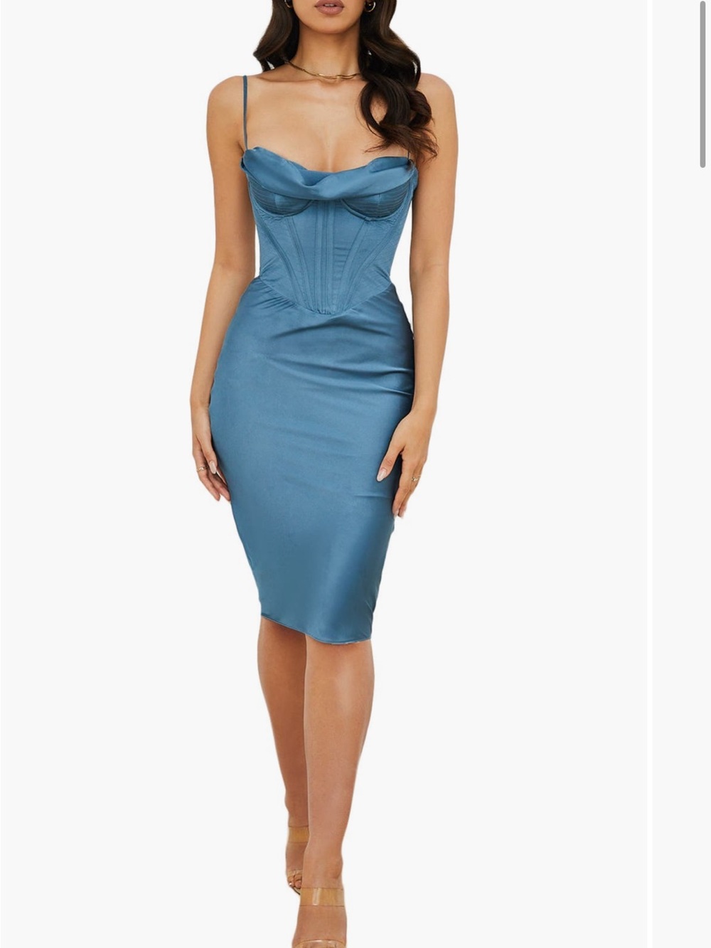 House of CB Teal Satin Corset Midi Dress